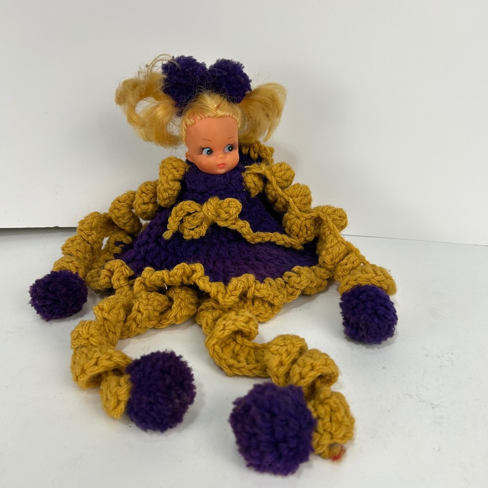 Vintage Handmade Crochet Octopus Doll Purple Gold Pom Pom Plastic Head 8 Inch